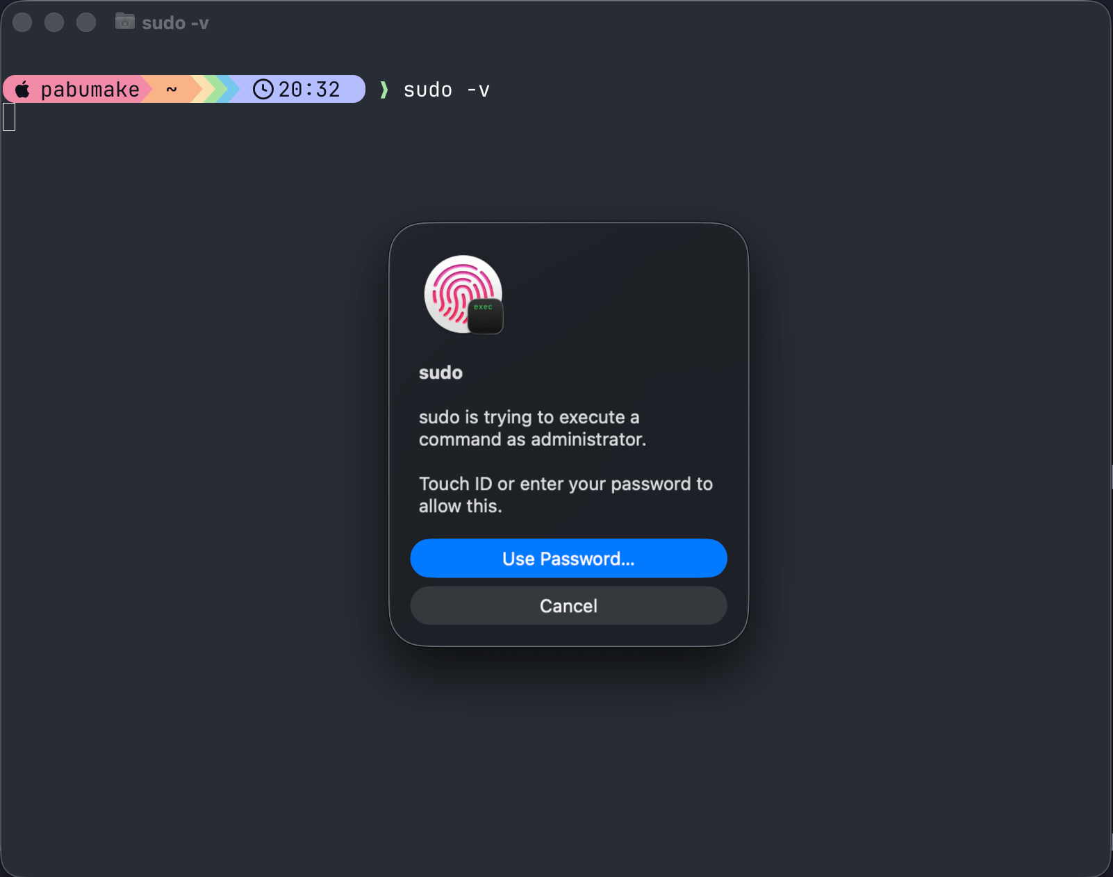 Screenshot with TouchID prompt in ghostty terminal instead of Password
